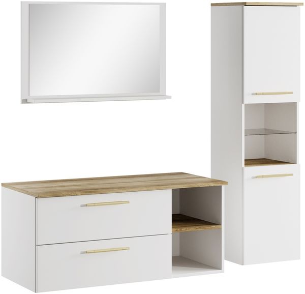 Badezimmermöbel-Set Bravos 100x46 cm – Weiß mit Eiche – Waschbeckenschrank mit Spiegel und Seitenschrank