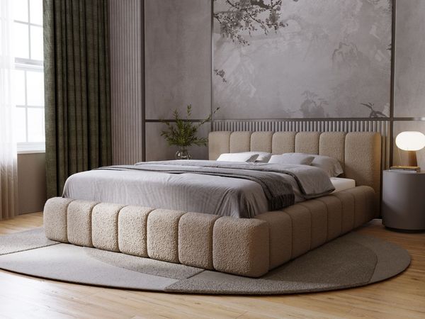 GRAINGOLD Orio Doppelbett 180x200, Polsterbett mit Kopfteil, Bettkasten, Bouclé-Stoff, Braun
