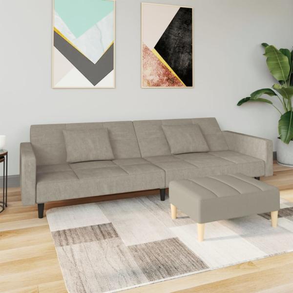 Schlafsofa 2-Sitzer mit 2 Kissen & Hocker Hellgrau Samt