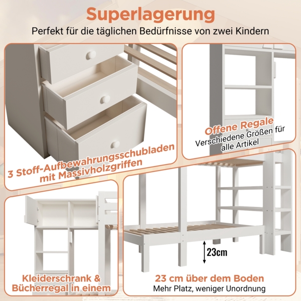 Weißes Versetztes Etagenbett 90x200 cm Mit Bewegungslicht Und Stauraum EN747 Zertifiziert Kinderbett Mit Schrank Und Schubladen Bild 6