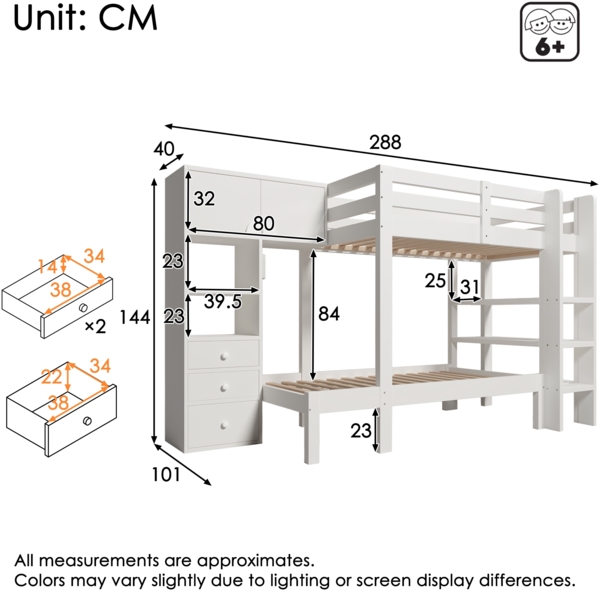 Weißes Versetztes Etagenbett 90x200 cm Mit Bewegungslicht Und Stauraum EN747 Zertifiziert Kinderbett Mit Schrank Und Schubladen Bild 7