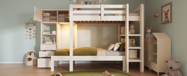 Weißes Versetztes Etagenbett 90x200 cm Mit Bewegungslicht Und Stauraum EN747 Zertifiziert Kinderbett Mit Schrank Und Schubladen Bild 2