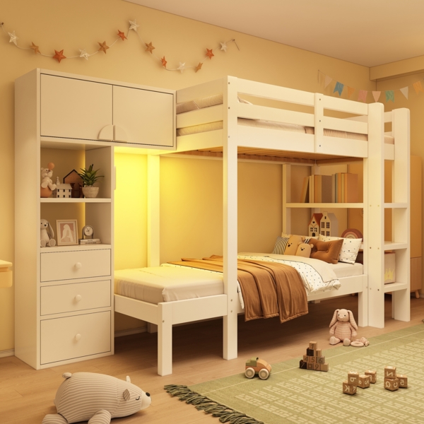 Weißes Versetztes Etagenbett 90x200 cm Mit Bewegungslicht Und Stauraum EN747 Zertifiziert Kinderbett Mit Schrank Und Schubladen Bild 4