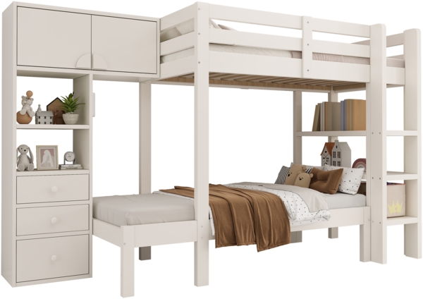 Weißes Versetztes Etagenbett 90x200 cm Mit Bewegungslicht Und Stauraum EN747 Zertifiziert Kinderbett Mit Schrank Und Schubladen Bild 8