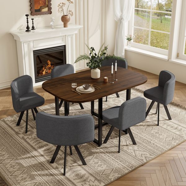 Merax Essgruppe, Esstisch und Stuhlset für 6 Personen, bestehend aus einem Esstisch (140 x 90 cm) und sechs Stühlen mit Leinenbezug, geeignet für Küchen und Esszimmer (Tischplatte aus Walnussholz + graue Stühle)