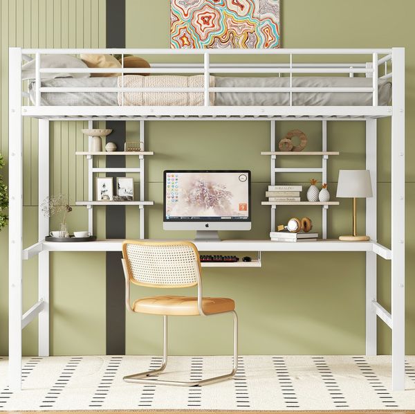 Hochbett mit Schreibtisch & 2 Regalen, 140x200 cm, Metall/MDF, Weiß, ohne Matratze