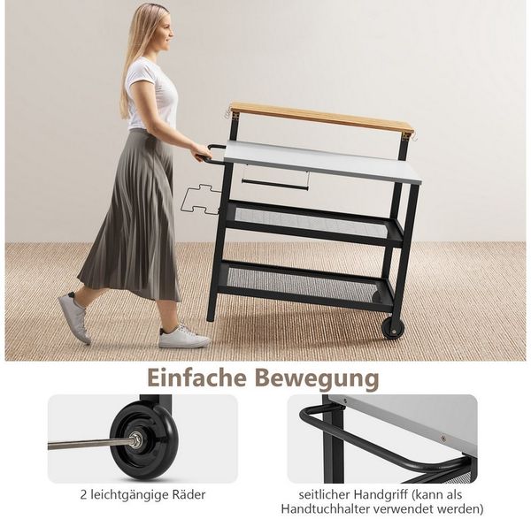 KOMFOTTEU Rollwagen, 3-stufiger Grillwagen mit klappbarer Tischplatte, Regalen & Haken
