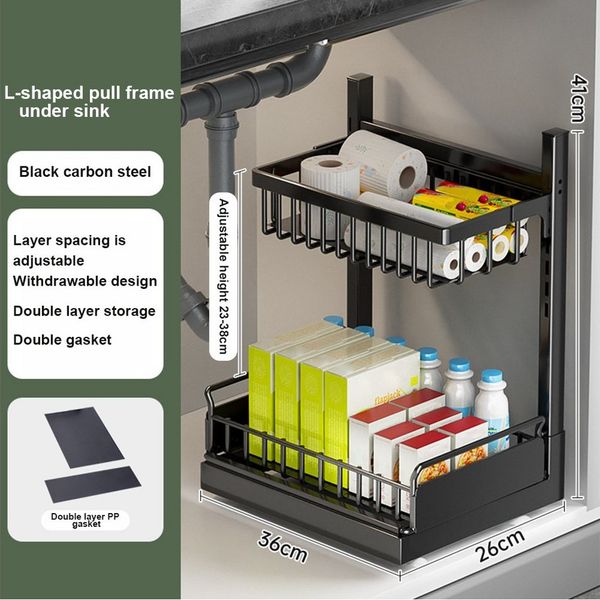 GarveeMore Küchenorganizer-Set Kohlenstoffstahl Küche Spülenregal Ausziehbar Gewürze LagerungKabinett, 41x36x26cm Multifunktional Schrank Gewürzregal Höhenverstellbar