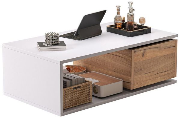 Yorbay Couchtisch Weiß Hochglanz mit 360° Drehschublade und offenem Staufach, Moderner Sofatisch fürs Wohnzimmer