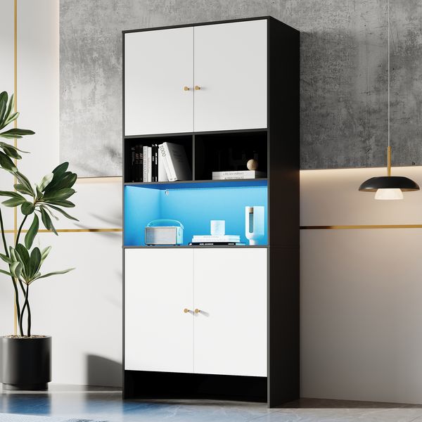 Merax 185cm Mehrzweckschrank, Sideboard mit 4 Türen & 3 offenen Fächern Zweifarbig in Schwarz und Weiß