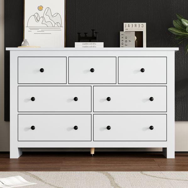 Landhausstil Sideboard mit 7 Schubladen, seidige Auszugsschienen, Kippsicherung, verstellbare Füße, 152*40*89cm, weiß