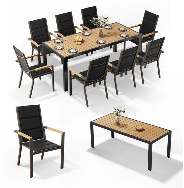 HOMALL Garten-Essgruppe 150/180cm Holzoptik Aluminiumtisch und Gartenstühle mit Holzarmlehnen, (9-tlg), Stapelbare Gartenstühle bis 160kg, rostfreier Aluminiumtisch bis 100kg