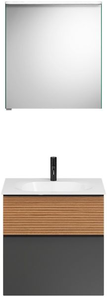 Burgbad FIUMO Waschtisch Set mit Spiegelschrank 62 cm breit, Braun/Anthrazit, Waschbecken Gussmarmor Weiß, Anschlag rechts
