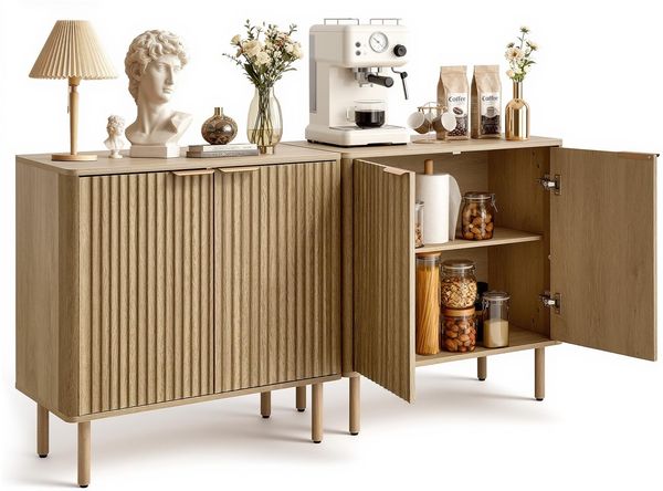VEVOR Sideboard Küchenschrank, Geriffelter Kaffeebar-Tisch im Mid-Century-Stil mit 2 Ablageflächen, Buffetschrank mit 4 Scheunentüren, für Wohnzimmer, Eingangsbereich, 80 x 37,5 x 80 cm