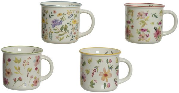 Decoris season decorations Tasse, Keramik, Tasse Blumen Muster Porzellan 12cm Creme Weiß / Bunt 1 Stück sortiert