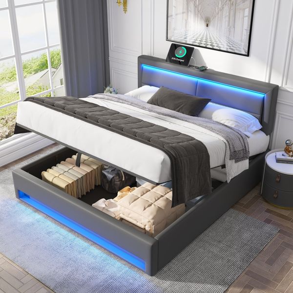 Merax Polsterbett, Doppelbett, 140 x 190 cm, mit USB-Anschluss (unterstützt kabelloses und kabelgebundenes Laden), LED-Beleuchtung und Stauraum, PU, grau