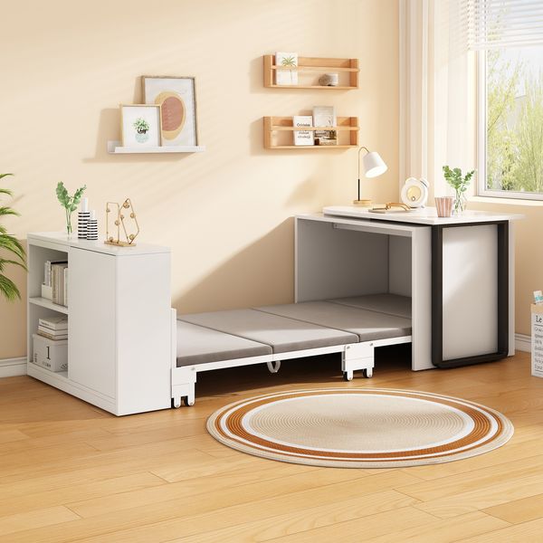 Merax 2-in-1 Schreibtisch und das Klappbett verfügen über ein Metallbettgestell, mit 4 cm Matratze, mit Schrank, weiß