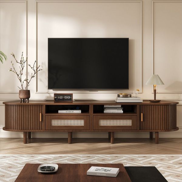 OKWISH Lowboard Ovaler TV-Ständer (TV-Board und TV-Kommode, 1 St, mit 2 Rattan Design Schubladen,2 Schiebetür), Fernsehtisch bis zu 70 Zoll