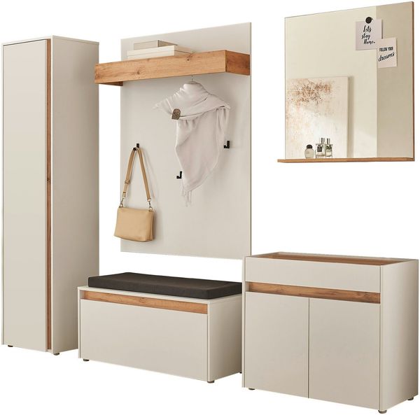 Home affaire Garderoben-Set GIRON/CiTY, moderne Garderobe, Komplettset mit viel Stauraum, (Komplett-Set, 5-St), enthält Schrank, Kommode, Spiegel, Paneel & Schuhbank +Sitzkissen