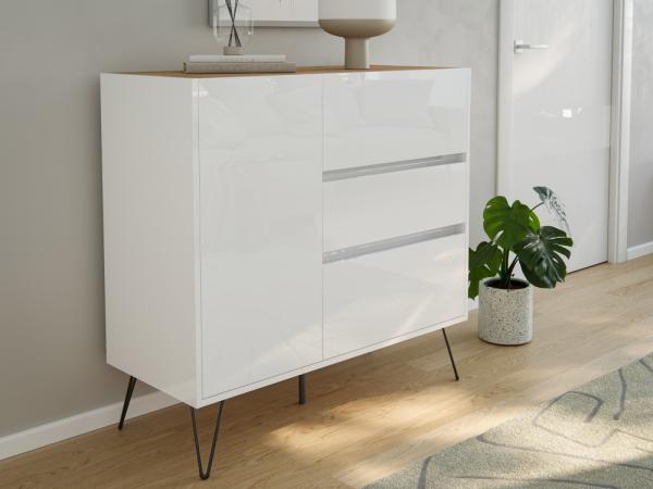 Design Sideboard Kommode Altan 100cm Greifraum 3 SoftClose 1 Tür Weiß/Eiche Top : Weiss hochglanz / Oak Gold