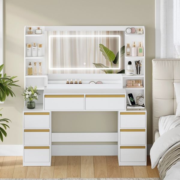 Schminktisch mit Großer Spiegel, Frisiertisch und Haartrocknerhalter, 8 Schubladen, Offenen Fächern, 40 × 135 × 145,2 cm, Moderne Weiß-Gold Schminktisch