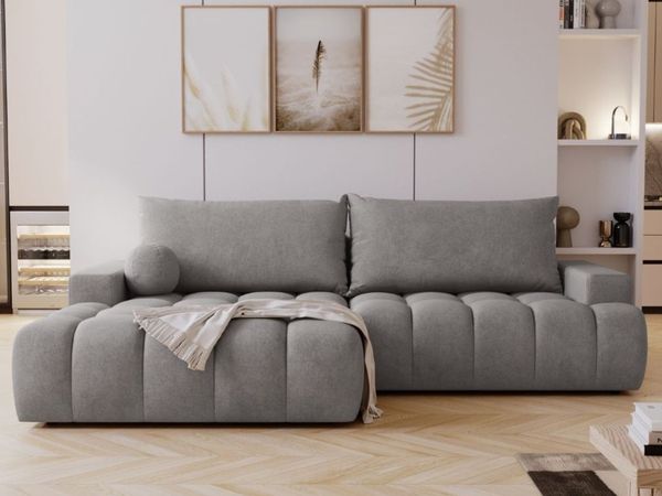 GRAINGOLD Ecksofa Havi, Sofa L-Form mit Bettkasten, gesteppte Sitzfläche, Schlaffunktion, Velour-Stoff, Grau, Links