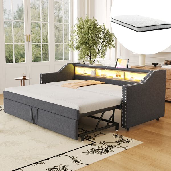 Schlafsofa aus Leinenstoff, ausziehbar mit USB-Anschluss & LED, 90/180x190 cm, Dunkelgrau, mit Matratzen