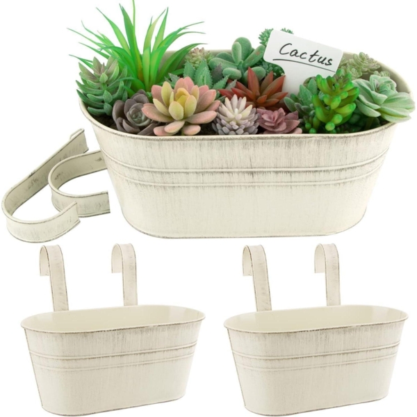 BOFUNX 2er Vintage Metall Hängetöpfe Set Balkon Blumentopf Beige 27.5×14×22cm