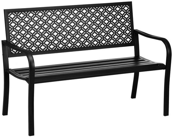 Outsunny Gartenbank Stahl, 2-Sitzer Parkbank mit Rückenlehne & Armlehne, Sitzbank mit Blumenmuster, für Garten, Balkon, max. 240 kg, Schwarz, 127 x 63 x 83 cm