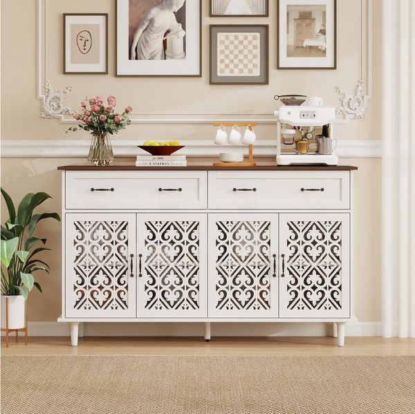 i@home Sideboard Esszimmerschränke (kontrastfarbene Massivholzplatte, 1 St, 4 geschnitzte Türen, 2 Schubladen, höhenverstellbare Ablagen), Vintage Schnitzerei-Türen Kommode 150×40×90 cm, Buffetschrank