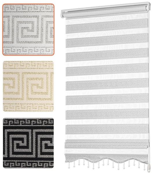 Doppelrollo mit Perlen, Mäander Ornamente Design, Bailena, Lichtschutz, ohne Bohren, freihängend, Klemmfix, glitzernd, Gardine mit Volant-Bordüre