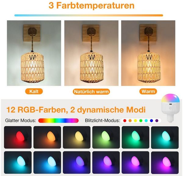 MUPOO LED Wandleuchte Vintage Innen Wandleuchte,E27 Retro Holz Wandlampe, RGB Glühbirne, LED fest integriert, mit Rattan Lampenschirm,Handgewebte im Farmhouse - Stil