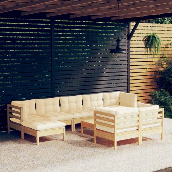 vidaXL 10-tlg. Garten-Lounge-Set mit Creme Kissen Massivholz Kiefer 3097133