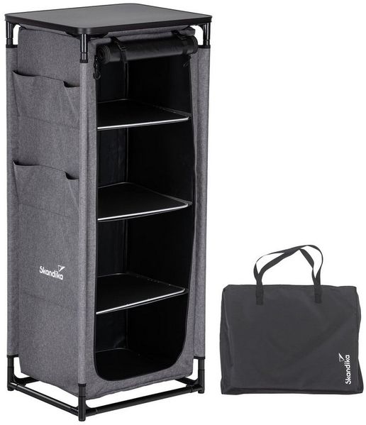 Skandika Campingschrank Ruoka, Hochschrank, Campingküche, 140 cm hoch, faltbar, klappbar (Organizer-Taschen, Reißverschluss-Zughilfen, belastbar bis 50 kg) schmall, Stecksystem ohne Werkzeug, 4 Fächer mit Einlegeböden, Camping