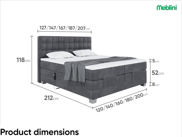 MEBLINI Boxspringbett Elektrisch EDISON 200x200 cm mit Bettkasten - H3/Dunkelgrau Samt Polsterbett - Doppelbett mit Toppers & Taschenfederkern-Matratzen Bild 7