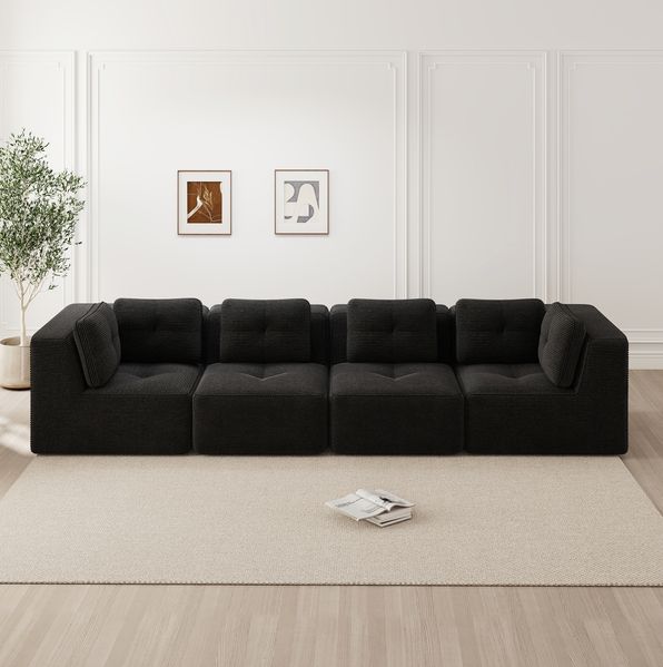 Modulares Ecksofa aus Cord, tiefe Sitzfläche, 386 x 104 x 69 cm, schwarz