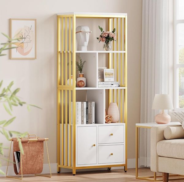 GarveeMore Bücherregal gold mit 2 Schubladen,Modernes Bücherregal,Metallrahmen, große Lagerregal,Bücherregal für Schlafzimmer,Wohnzimmer,Home Office