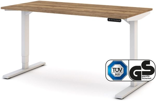 ASSMANN Elektrisch höhenverstellbarer Schreibtisch Y-Line 140x70cm Eiche Tabak Signalweiß Metall Holz Melaminoberfläche