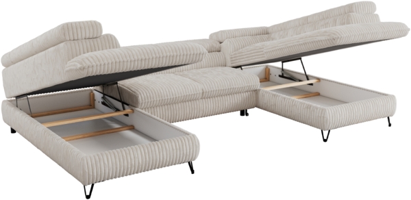Mks Möbel 'Pedro U-Form' Ecksofa mit Schlaffunktion und verstellbaren Kopfstützen, Creme, Cord, mit Topper Bild 7