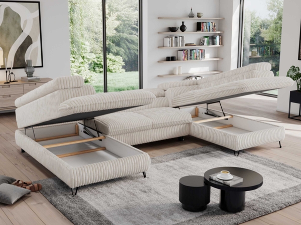 Mks Möbel 'Pedro U-Form' Ecksofa mit Schlaffunktion und verstellbaren Kopfstützen, Creme, Cord, mit Topper Bild 3