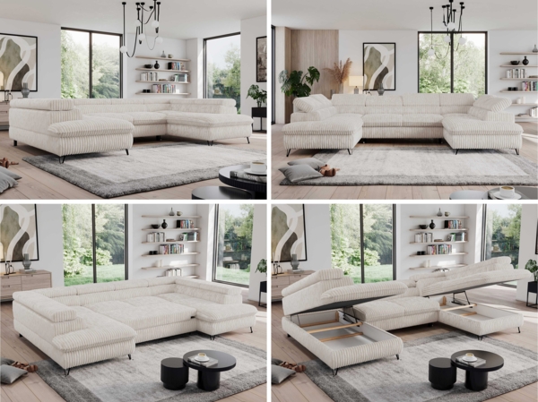 Mks Möbel 'Pedro U-Form' Ecksofa mit Schlaffunktion und verstellbaren Kopfstützen, Creme, Cord, mit Topper Bild 2