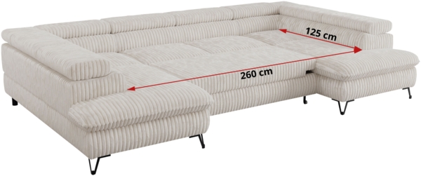 Mks Möbel 'Pedro U-Form' Ecksofa mit Schlaffunktion und verstellbaren Kopfstützen, Creme, Cord, mit Topper Bild 9