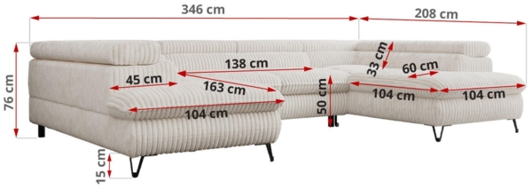 Mks Möbel 'Pedro U-Form' Ecksofa mit Schlaffunktion und verstellbaren Kopfstützen, Creme, Cord, mit Topper Bild 8