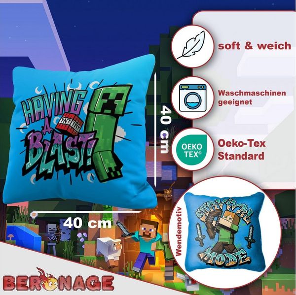 BERONAGE Dekokissen Minecraft Kissen Blast 40x40cm Creeper TNT Survival Mode Kuschelkissen, passend zur Bettwäsche, ideal für Sofa, Couch, Kinder-Bett, Auto