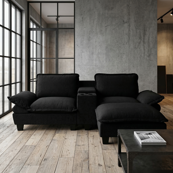 Sofa aus Chenille mit USB-Anschlüssen & Ottomane, schwarz
