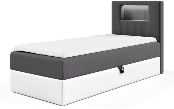 MEBLINI Kinderbett mit Bettkasten GARETH 1 90x200 Rechts – H3/Dunkelgrau Samt Gepolstert Einzelbett mit Matratze - Polsterbett mit Stauraum - Bett mit Kopfteil – Stauraumbett