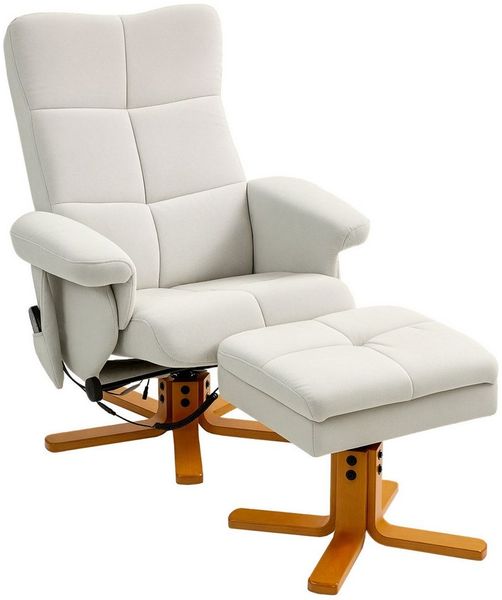 HOMCOM Massagesessel mit Hocker, Seitentasche, Stauraum, Liegefunktion 360° drehbar (Relaxsessel, 1-St, Fernsehsessel), Kunstleder 80 x 86 x 99cm Cremeweiß