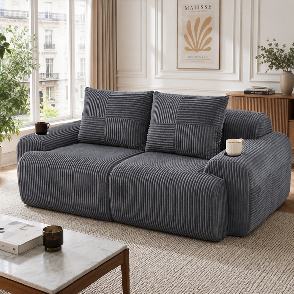 Modulares 2-Sitzer Cordsofa, Getränkehalter, Seitentasche, Dunkelgrau