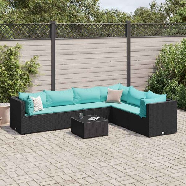 vidaXL 7-tlg. Garten-Lounge-Set mit Kissen Schwarz Poly Rattan 3308148