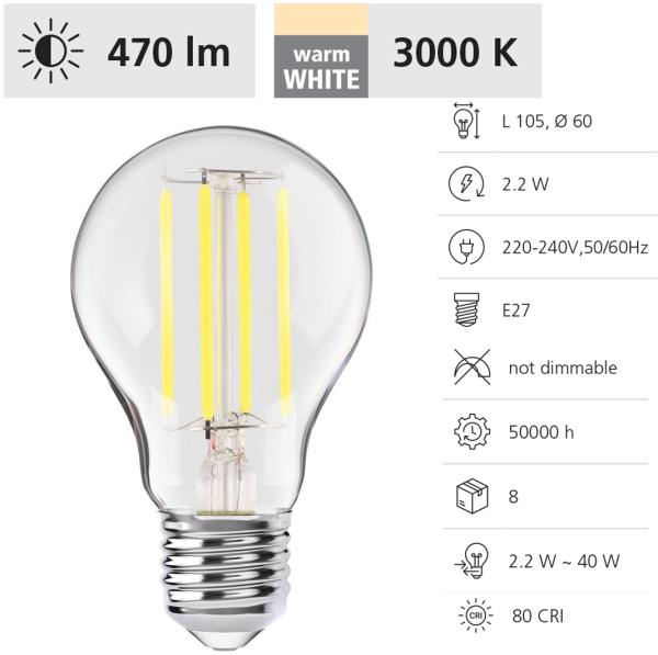 Eglo 110241 LED Filament Leuchtmittel E27 Glas klar 1X2,2W 3000K L:10. 5cm Ø6cm